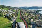 Bereits beschlossen: Die Einfahrt von der A8 bei Hergiswil wird länger und der Pannenstreifen bei viel Verkehr auf der A2 Richtung Nord/Luzern zur dritten Spur (rote Strecke). Nun fordert der Kanton Nidwalden vom Bund auch in Fahrtrichtung Süd drei durchgehende Spuren. (Bild: Astra)