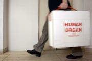 Ein Mitarbeitender der Deutschen Stiftung für Organtransplantation trägt eine spezielle Kühlbox für gespendete Organe. (Symbolbild) (Bild: Frank May/Archiv Keystone (18. Februar 2005))
