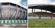 Neu und alt: Der Kybunpark, die aktuelle Spielstätte des FC St.Gallen, und dessen Vorläufer, das Espenmoos. (Bild: Benjamin Manser/Urs Jaudas)