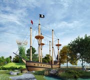 Eine der geplanten Attraktionen auf dem Abenteuerspielplatz: Ein Piratenschiff zum klettern. (Bild: Visualisierung/PD)