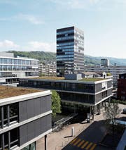Blick von einem Balkon in der Überbauung Kistenfabrik (grosses Bild). Die Aussicht ist schön, auf den Balkonen aber gibt es diverse Schäden. (Bilder: Stefan Kaiser (Zug, 24. April 2018))