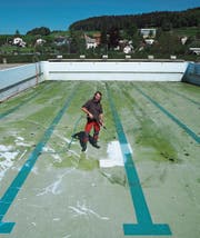 Aus Grün wird Weiss: Badmeister Hans Salzmann reinigt den Boden des Schwimmbeckens. (Bilder: Angelina Donati)