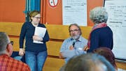 Zwei Zukunftskonferenz-Teilnehmerinnen und Genossenschaftsgeschäftsführer Martin Schmidli (mit Mikrofon) präsentieren im Plenum Resultate aus einer Gruppenarbeit. (Bild: Mathias Frei)