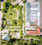 Der Botanische Garten aus der Luft gesehen: Die drei Gewächshäuser im roten Viereck werden für den neuen Schulungspavillon abgebrochen. (Bild: Urs Bucher - 6. Juli 2017)