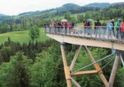Der Blick auf die Aussichtsplattform zeigt die Metall-Holz-Konstruktion. (Bild: Martin Knoepfel)