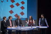 Von links: Moderator und LZ-Chefredaktor Jérôme Martinu, Karl Vogler, Josef Dittli, Yvette Estermann und Nicolas A. Rimoldi. Bild: Pius Amrein (Luzern, 16. Mai 2018)