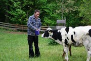 Fernsehshow-Teilnehmer Simon Gerber mit einem seiner Mastrinder. (Bild: Salome Preiswerk Guhl)