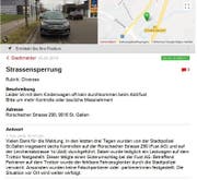 Einer der vom Datenschutz her problematischen Einträge aus dem Stadtmelder - mit von der "Tagblatt"-Redaktion unkenntlich gemachten Kontrollschildern. (Screenshot: Reto Voneschen)