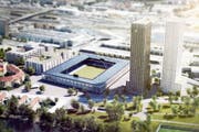 Eine Visualisierung des Bauprojekts namens «Ensemble» mit den beiden Türmen, die 137 Meter hoch werden sollen. (Bild: HRS Real Estate AG/Nightnurse Images GmbH)