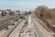 Die Baustelle auf der A1/A13 bei Rheineck, aufgenommen von der Zollbrücke nach Gaissau. (Bild: Astra)