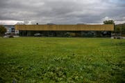 Auf dieser Wiese vor der Mehrzweckhalle soll das neue Schulhaus gebaut werden. (Bild: Nadia Schärli (Reiden, 19.10.2016))
