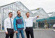 Raphael Heusi, Michael Brunschweiler und Bruno Sutter, die Geschäftsführer von Lumimart, Coop Bau+Hobby und Interdiscount (v.l), freuen sich auf die Eröffnung in Rickenbach. (Bild: PD)
