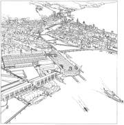 So stellten sich Ulrich Schaad und Georg Kreis Mitte der 1970er-Jahre den Luzerner Bahnhofsplatz vor. (Skizze: Schaad Schaad Architekten, Zürich)