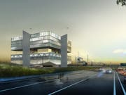 Der "Swiss E-Mobility Hub" mit 280 Ladestationen für Elektrofahrzeuge soll unmittelbar neben der Autobahn A2 in Pratteln BL entstehen. (Bild: zvg/EBL/Berrel Berrel Kräutler)