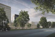 So soll sich ab 2027 das Areal des Kantonsspitals von der Rorschacher Strasse her präsentieren. Links das Bettenhochhaus 07A, der flache Bau 07B ersetzt das heutige Haus 01. Rechts dahinter ist der oberste Teil des neuen Kinderspitals zu erkennen. (Illustration: Hochbauamt Kanton St.Gallen - 7. März 2018)