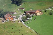 Im Büel zwischen Oberegg und Büriswilen. Links das ausparzellierte Wohnhaus, im Kreis der ursprüngliche Zustand. (Bild: Appenzeller Volksfreund)