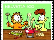 5000 Merchandising-Waren mit Garfield drauf soll es weltweit geben. Ob die zwei Sondermarken, welche die Schweizerische Post 2014 herausgegeben hat, mitgezählt wurden? (Bild: Keystone/SCHWEIZERISCHE POST AG)