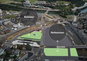 Diese beiden Areale stehen für die Zwischennutzung zur Verfügung. (Visualisierung: Kanton Luzern)