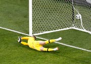Der englische Torhüter Jordan Pickford ist geschlagen (Bild: roman Pilipey / EPA (Wolgograd, 18. Juni 2018))