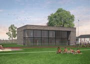 Das geplante Garderobengebäude auf dem Amriswiler Sportplatz Tellenfeld in einer Visualisierung. (Bild: PD)