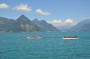 Kanu-Rennen vor eindrücklicher Kulisse am Buochser Summerfäscht. (Bild: Franziska Herger (Buochs, 23. Juni 2018))