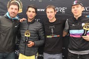 Die drei schnellsten Velofahrer mit dem Doppelolymiasieger: (von links) Fabian Cancellara, Luis Nogueira, Patrick Jauch und Martin Brunner. (Bild: Paul Gwerder (Andermatt, 24. Juni 2018))
