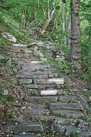 H. R. Fricker beschriftete Treppenstufen mit Berufsbezeichnungen.