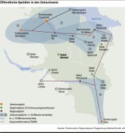 Die Grafik zeigt, wie schnell die einzelnen Spitäler der Region von wo aus erreichbar sind.