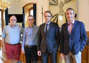 Sie informierten an der Gemeindetagung Finanzen (von links): Tony Arnold, Abteilungsleiter Grundstückschätzungen, Pius Imholz, Vorsteher des Amts für Steuern, Finanzdirektor Urs Janett, und Rolf Müller, Generalsekretär der Finanzdirektion. (Bild: PD (Altdorf, 28. Juni 2018))