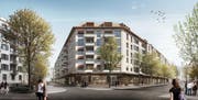 So wird der Strassenraum im Bereich der neuen Himmelrich-Überbauung aussehen: Vorne die Bundesstrasse, links die Himmelrichstrasse. (Visualisierung pd)