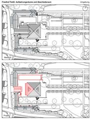 Die Baupläne im Feldli: Oben der bisherige Zustand, unten in rot die Teile, die jetzt verändert werden. (Illustration: Hochbauamt der Stadt St.Gallen)