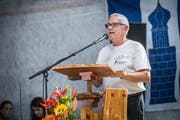 Herdern TG - 20 Jahre Gemeinde Herdern. Fest in der Maschinenhalle Herdern. Festansprache durch OK-Präsident Jörg Himmelberger. (Bild: Andrea Stalder)