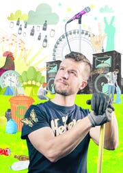 Er räumt am Heitere in Zofingen auf: Beni Gut. (Illustration: Oreste Vinciguerra, Bild: Beat Brechbühl)