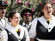 Ein Jodler-Chor aus Saas-Fee am Westschweizer Jodlerfest dieses Wochenende in Yverdons-les-Bains. (Bild: Keystone/JEAN-CHRISTOPHE BOTT)