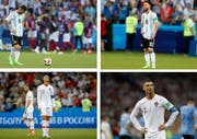 Konsternierte Superstars: Argentiniens Lionel Messi (oben) und Portugals Cristiano Ronaldo nach dem Out im WM-Achtelfinal. Bilder: AP