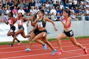 Jonielle Smith (JAM; v.l.n.r.), Angela Tenorio (ECU), Shelly Ann Fraser-Pryce (JAM), Mujinga Kambundji (SUI) und Jenna Prandini (USA) während dem 100m-Rennen der Frauen am Spitzen-Leichtathletik-Meeting in Luzern. (Bild: Marc Schumacher/freshfocus (Luzern, 9. Juli 2018))