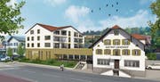 So soll der Lindenhof dereinst aussehen – links der Neubau mit Brauerei. (Visualisierung: Baumeler Partner AG)