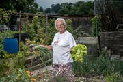 Beatrice Jordan mit Zwiebeln und Salat – einem Teil ihrer üppigen Ernte. (Bild: Pius Amrein (Emmen, 25. Juni 2018))
