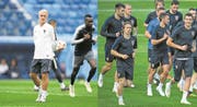 Frankreichs pragmatischer Coach Didier Deschamps (links) gegen Kroatiens Stars Luka Modric (rechtes Bild, links) und Mario Mandzukic (rechtes Bild, rechts vorne). (Shaun Botterill/Getty, St. Petersburg, 9. Juli 2018 / P. Powell/EPA, Moskau, 13. Juli 2018)