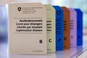 Hüllen der verschiedenen schweizerischen Ausländerausweise. Kategorie B bedeutet eine Aufenthaltsbewilligung, die jeweils für fünf Jahre ausgestellt wird. C steht für die unbefristete Niederlassungsbewilligung. (Bild: Keystone/Peter Klaunzer)