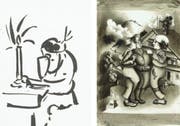 Die Skizze links zum Thema «Handeln» hat Willy Fries 1934 als Vorarbeit für «Der Arme Mann» angefertigt. Im Buch ist 1935 schliesslich die Tuschzeichnung rechts zum Thema «Handeln» erschienen. (Bilder: PD)