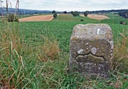 Auf der Kantonsgrenze über dem Hatwilerfeld bei Maschwanden steht einer der historischen Grenzsteine von 1537. (Bild: Andreas Fässler (11. Juli 2018))