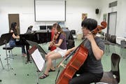 Kaum in Altdorf angekommen, musizieren die Studenten bereits miteinander. (Bild: Bilder: Markus Zwyssig (Altdorf, 17. Juli 2018))