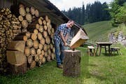 Niklaus Bleiker schlägt vor seiner Hütte am Pilatus Holz. (Bild: Corinne Glanzmann, Alpnach, 27. Juni 2018)