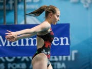 Die Aargauerin Michelle Heimberg bei einem Sprung im Juni 2017 an der Elite-EM in Kiew (Bild: KEYSTONE/AP/EFREM LUKATSKY)