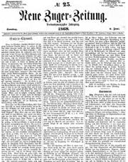 Die erste Seite der Neuen Zuger Zeitung vom 4. Juni 1868 Bild: PD