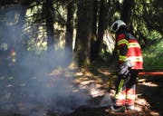 Der Boden wird nach den Löscharbeiten gründlich durchnässt. Bild: Kantonspolizei Schwyz