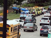 Der Flieger mit Motorschaden wurde nach der erfolgreichen Notlandung auf dem Grünstreifen neben der stark befahrenen Autobahn abgestellt. (Bild: KEYSTONE/AP Chicago Tribune/TERRENCE ANTONIO JAMES)