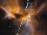 So könnte unser Sonnensystem bei der Geburt ausgesehen haben: Der junge Stern sendet Strahlung und Materie in Form von Jets aus. Das Hubble-Bild zeigt das Objekt HH 24 in einer Sternentstehungsregion im Orion. (Bild: Nasa/Esa/ETH Zürich)