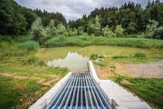 Der Rütiweier und sein neuer Durchlass: Pro Sekunde fliessen konstant zwei Kubikmeter Wasser durch. (Bild: Bilder: Urs Bucher)